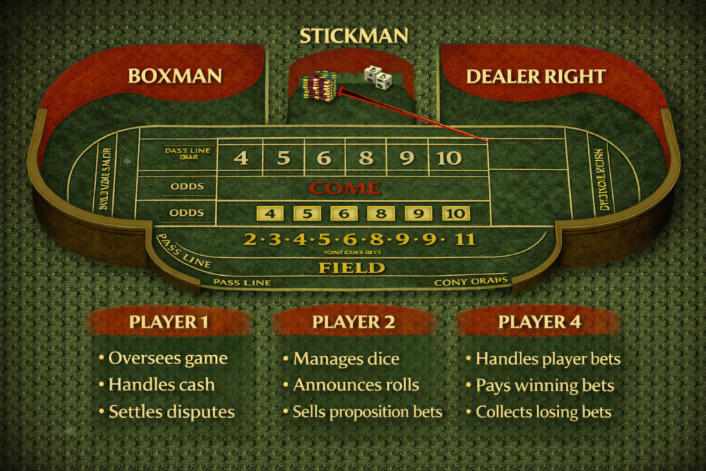 Craps table crew positions diagram showing boxman, stickman, and dealer locations with responsibilities 