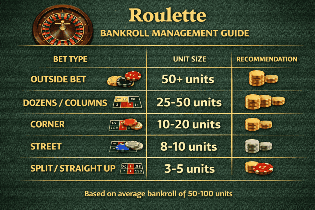 Bankroll management guide for different bet types showing unit sizing recommendations 