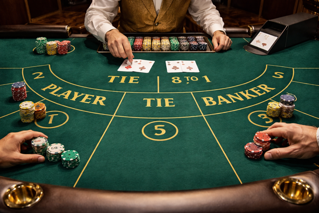 Contemporary Punto Banco baccarat table in Las Vegas showing standardized modern layout