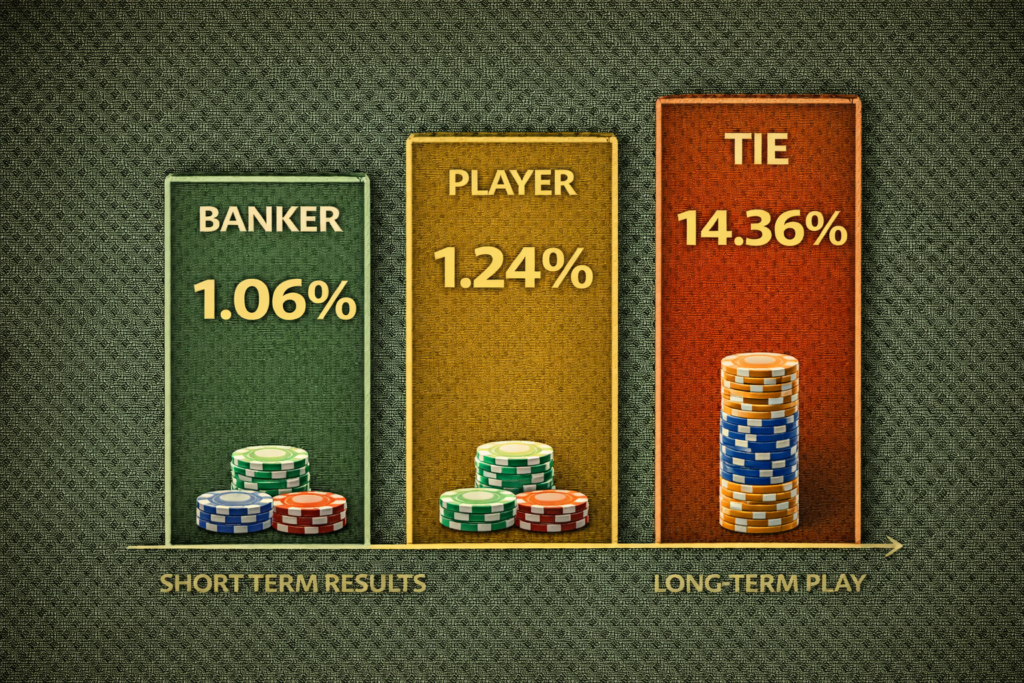 Baccarat house edge comparison showing Banker 1.06%, Player 1.24%, Tie 14.36% with visual representation 