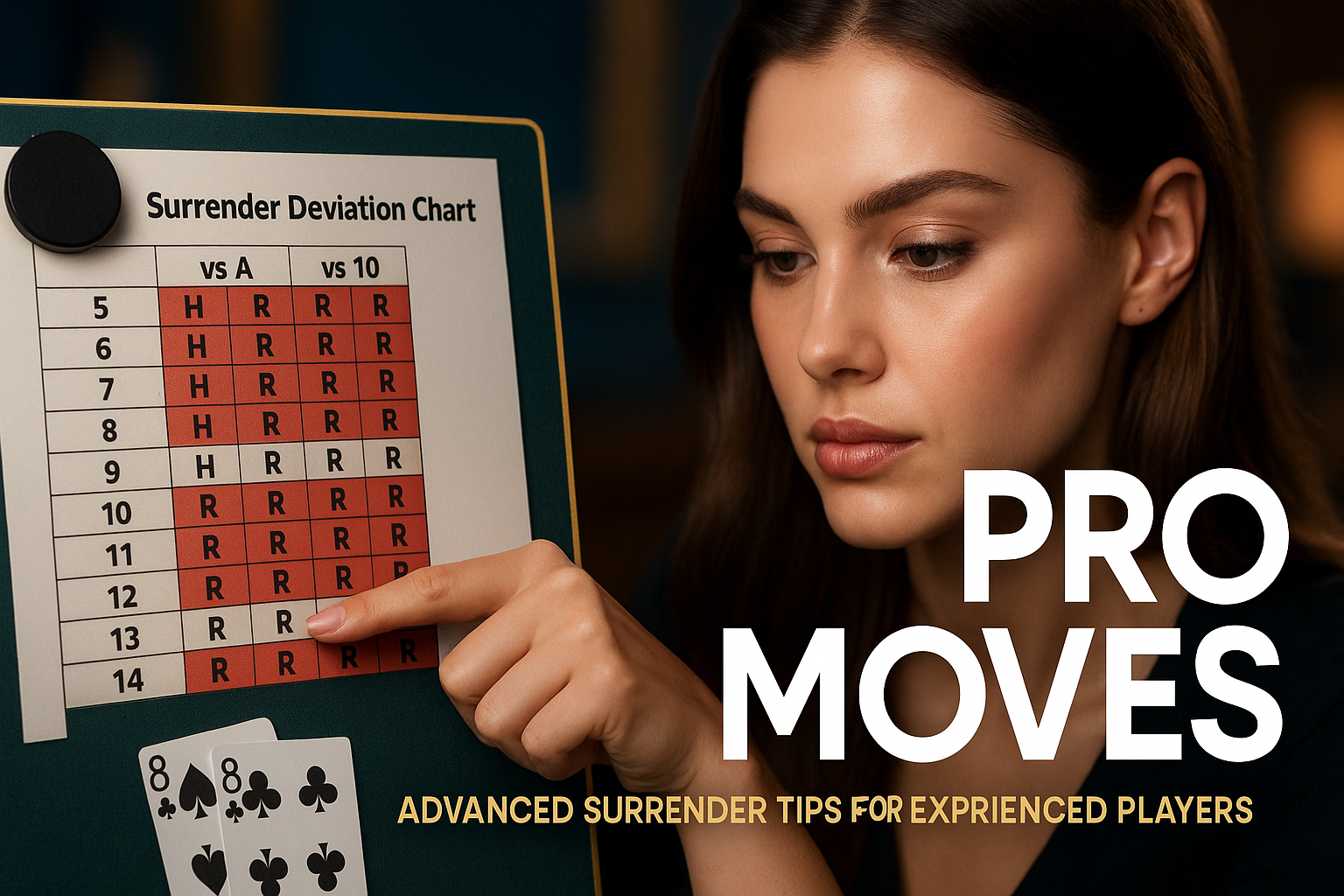 Young woman traces a row on a printed blackjack surrender deviation chart pinned with a black chip, navy strategy-room backdrop.