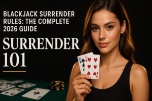 Young woman holding a 10 and 6 of cards over green blackjack felt with chips and an ace of spades, gold-bokeh casino backdrop.