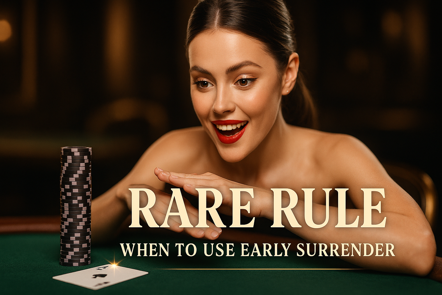 Young woman protects a stack of high-value chips beside an ace of spades on green felt in a high-limit casino room.