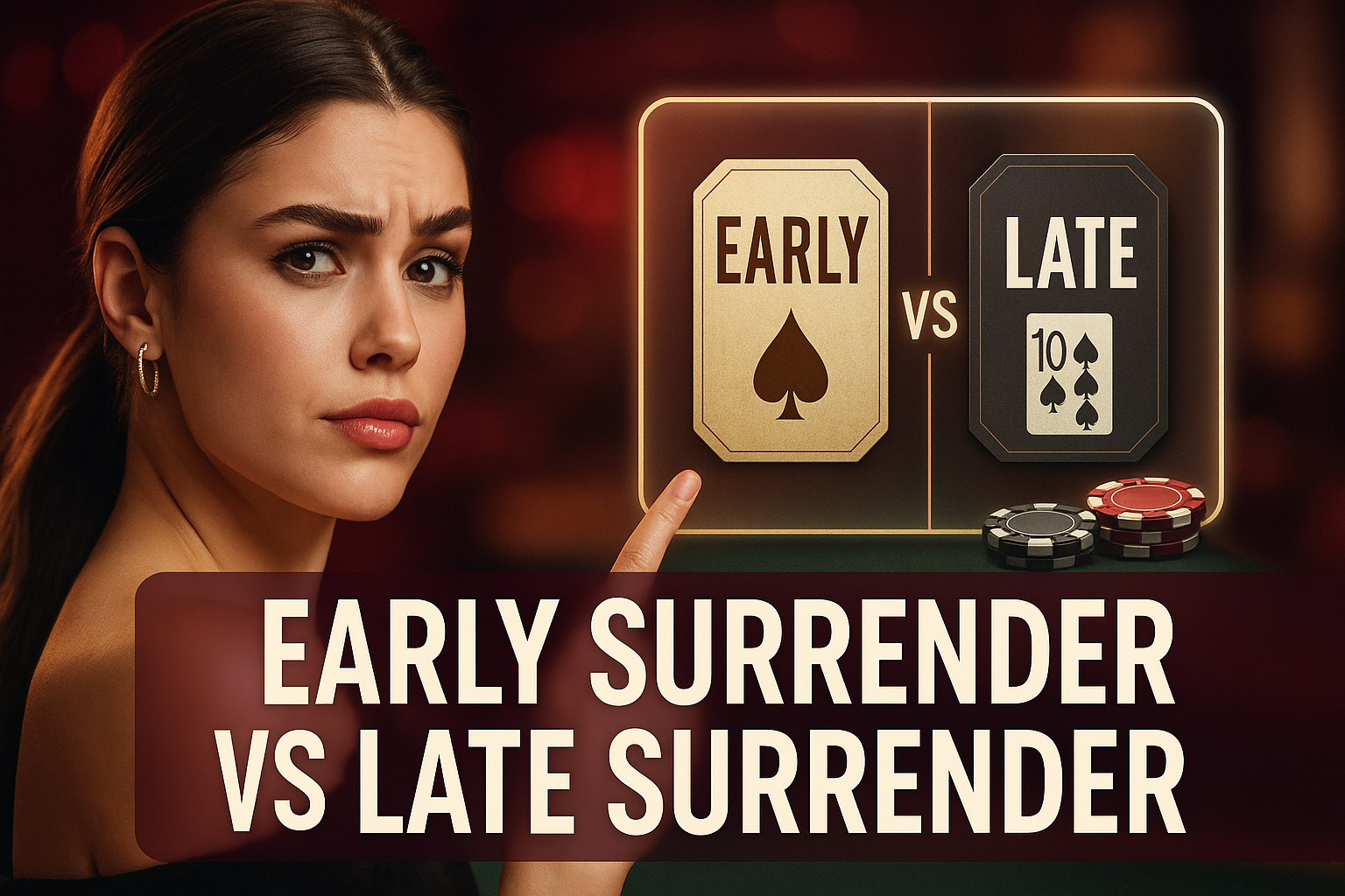 Young woman gestures toward a split-screen panel comparing early and late surrender, burgundy casino backdrop with chips.